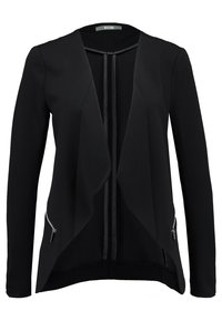 Svart kavaj med draperad framdel, två dragkedjefickor på sidan, lång ärm och ett mjukt, texturerat tyg. Har en smal silhuett.