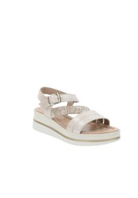 Sandali wedge rosa chiaro con tre cinturini incrociati, cinturino alla caviglia regolabile e soletta imbottita texturizzata. Caratterizzati da una suola intermedia bianca.