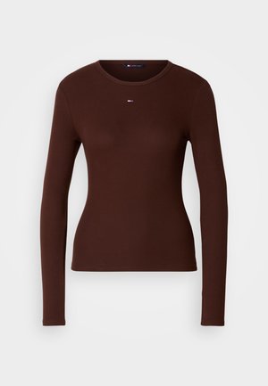 Brown long-sleeve ribbed t-shirt with a round neck and a small logo accent on the chest. Made from a soft, smooth fabric.