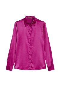 Magenta satijnen blouse met lange mouwen en een puntige kraag. Voorzien van een sluiting met knopen aan de voorkant en een gladde, glanzende textuur.