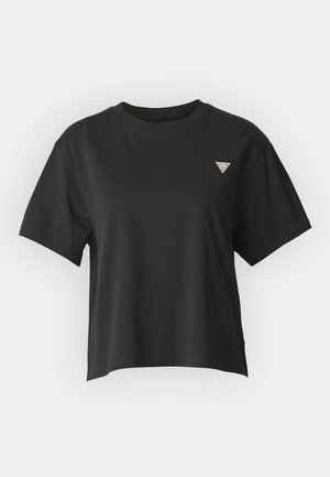 Svart bomull cropped t-skjorte med rund hals og korte ermer. Har et lite trekantet logo på venstre bryst.