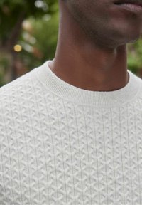 Pull en tricot texturé gris clair avec un motif en losange, col rond côtelé, et tissu doux, exposé de manière proéminente sur un cou et une épaule.