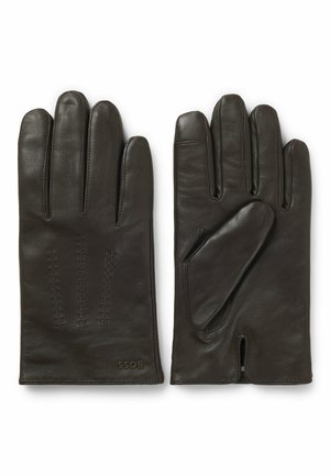 Paar schwarze Lederhandschuhe, eines zeigt die Rückseite mit gestickten Details und Markenname, das andere zeigt die Handfläche mit Daumen und kleiner Öffnung nahe dem Handgelenk.