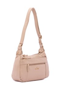 Borsa a tracolla beige in pelle con una texture morbida, tracolla regolabile, tasca frontale con zip e dettagli metallici in tonalità oro.