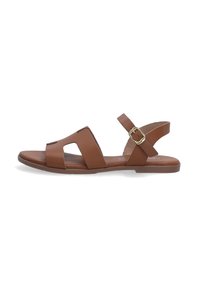 Bruine leren sandalen met een platte zool, voorzien van twee brede banden over de voet en een verstelbare enkelband voor een veilige pasvorm.
