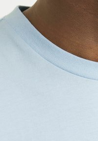 Camiseta de algodón de color azul claro con un cuello redondo acanalado, textura suave y un sutil detalle de costura a lo largo del collar.
