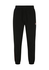 Zwarte sportbroek met een elastische tailleband, taps toelopende benen en rode zijaccenten. Heeft een klein logo op de bovenbeen.