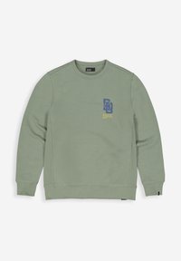 Groene sweatshirt van zacht materiaal, met ribgebreide manchetten en onderrand, en een blauw en geel grafisch logo op de voorkant links.