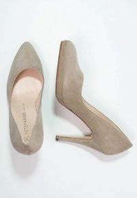 Taupe suede high-heeled women's shoes with pointed toes, one shoe shown from top view and the other from side view.
