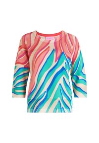 Pull en tricot arborant un motif de zèbre multicolore vibrant dans des teintes de rose, bleu et vert. Manches trois quarts et col rond.