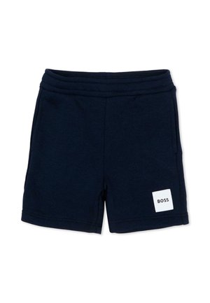 Pantaloncini blu navy per bambini con vita elasticizzata e piccola toppa bianca con la scritta "BOSS" sulla gamba inferiore sinistra.
