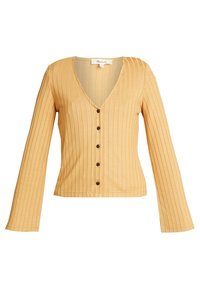 Hořčicově žlutý žebrovaný cardigan s výstřihem do V, dlouhými rukávy a šesti hnědými knoflíky vpředu; měkká textura a přiléhavý střih.