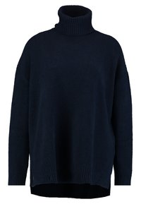 Mörkblå polotröja i texturerad tyg, med en lös passform, ribbad krage och långa ärmar med ribbade muddar och nederdel.