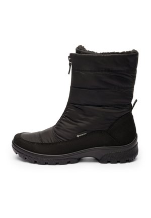 Black mid-calf winter boot with quilted fabric, Gore-Tex tag, side zipper, fur lining, suede heel, and rugged rubber sole.