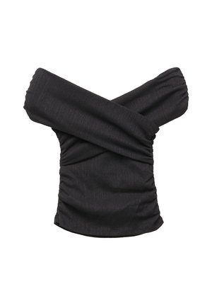 Black off-shoulder top with a crisscross neckline and ruched sides, made from a textured fabric.