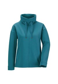 Teal pullover gemaakt van zachte stof, met een hoge kraag, trekkoord en lange mouwen in een comfortabele pasvorm. Eenvoudig, strak ontwerp.