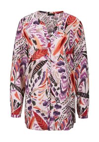 Multicolorige blouse met een bloemenpatroon in paars, rood en zwart. Gemaakt van lichtgewicht stof met een knoopsluiting aan de voorkant en lange mouwen.