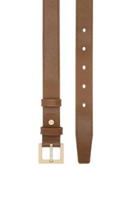 Curea maro din piele cu cataramă pătrată aurie și cinci găuri pentru reglare, având margini cusute și două bucle din piele pentru fixarea capătului curelei.