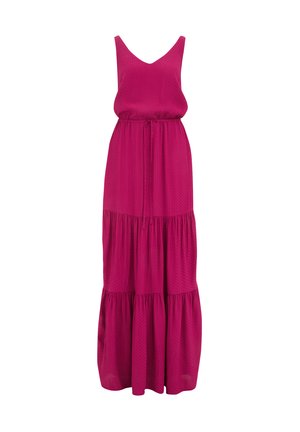 Długa różowa sukienka z dekoltem w kształcie litery V, bez rękawów, z talią ściśniętą i warstwowym dołem. Wykonana z teksturowanej tkaniny, ma zwiewny krój.