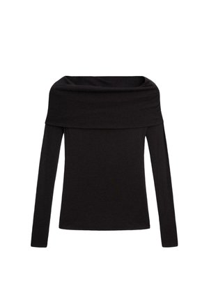 Top lungo con maniche a sbuffo, di colore nero e senza spalline, realizzato in materiale morbido, con una vestibilità ampia attorno al collo e maniche aderenti.