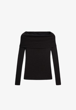 Svart off-shoulder långärmad topp, tillverkad av mjukt material, med en lös passform runt nacklinjen och åtsittande ärmar.