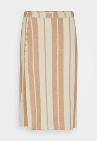 Randig linnekjol med växlande ljusbeige och rostfärgade nyanser, knappar fram och en rak, knälång design.