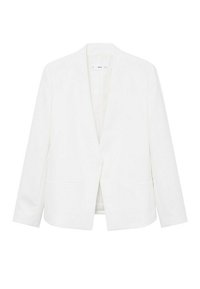 Blazer blanc à manches longues, devant ouvert, sans col. Dispose de deux poches avant et d'un design lisse et structuré.