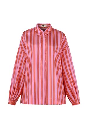 Gestreept overhemd met opstaande kraag, gekenmerkt door afwisselend rode en roze verticale strepen en elastische manchetten. Glad stofoppervlak.