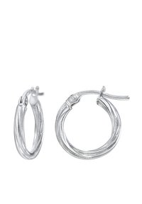 Boucles d'oreilles en argent en forme de créoles à design torsadé. L'une est petite et étroite, tandis que l'autre est plus grande avec une finition lisse et un crochet visible.