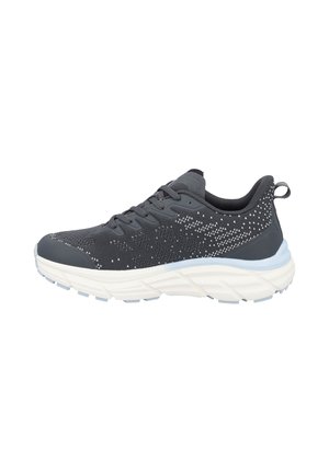 Dunkelgrauer Sportschuh mit weiß gesprenkeltem Strickobermaterial, dicker weißer Sohle und Schnürverschluss, von der linken Seite gezeigt.