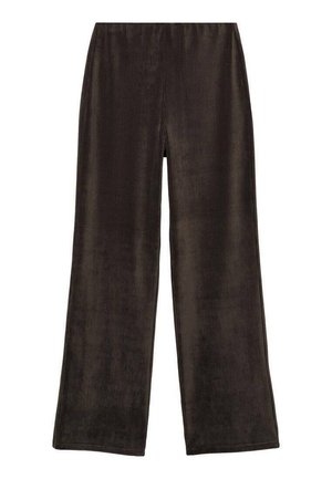 Pantaloni largi din corduroy maron cu o textură moale și talie elastică, având dungi verticale și o croială relaxată.