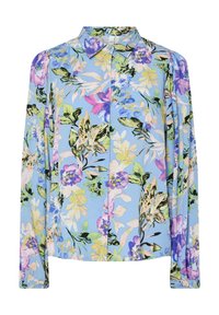 Kwiatowa koszula z guzikami w jasnoniebieskim kolorze z długim rękawem. Posiada żywe fioletowe, zielone i różowe wzory kwiatowe na teksturowanej tkaninie.