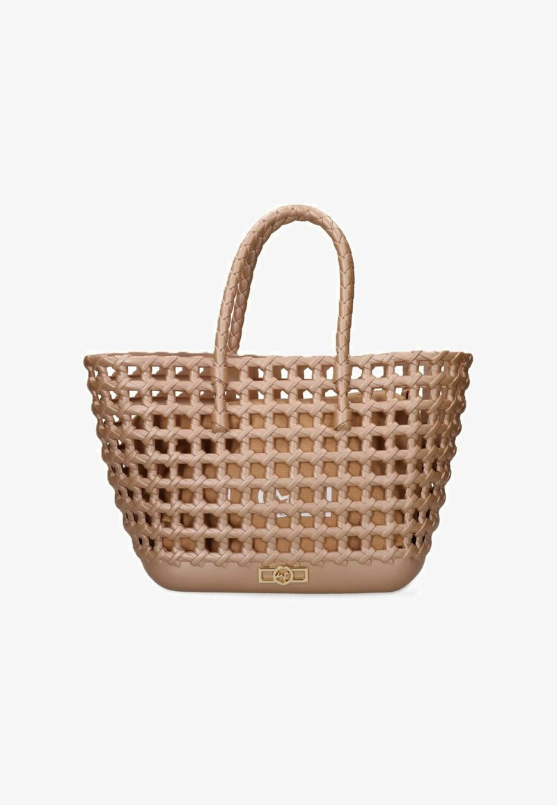 Sac tote ouvert en tissu beige avec deux poignées et une base solide, doté d'un petit fermoir doré en bas au centre.