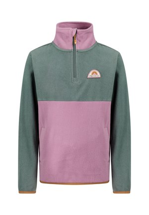 Fleece pullover met lange mouwen en halve rits, groene bovenkant en mouwen, roze onderkant en kraag, met een logopatch op de borst.