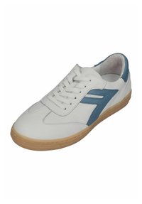 White leather sneaker with blue accents, round toe, five lace holes, stitching details, and a gum rubber sole.