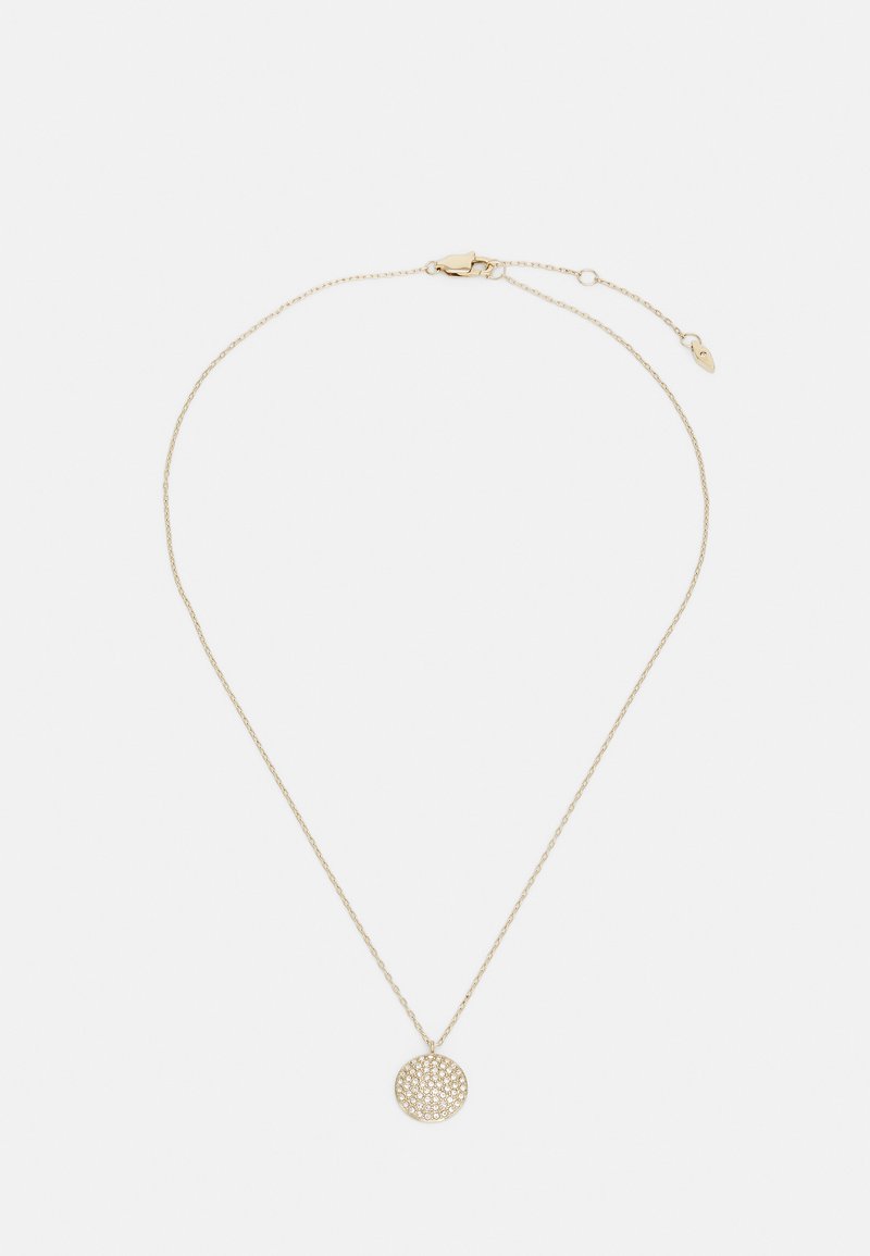 Collier en or avec une chaîne délicate et un pendentif rond présentant un motif texturé de petites découpes circulaires.