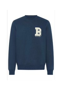 Mørkeblå hettegenser med ribbestrikkede mansjetter og nederkant, og en hvit preget bokstav "B" på venstre bryst. Materialet er en bomullsblanding.