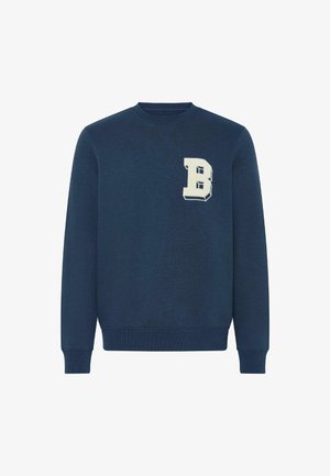 Marineblauwe sweatshirt met ribbelboorden en -zoom, voorzien van een witte reliëfletter "B" op de linkerkant van de borst. Gemaakt van een katoenmix.