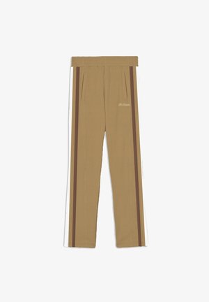 Hnědé žebrované kalhoty s dvěma svislými pruhy v tmavě hnědé a bílé barvě, boční kapsy a slovo "Million" vytištěné na nohavici.