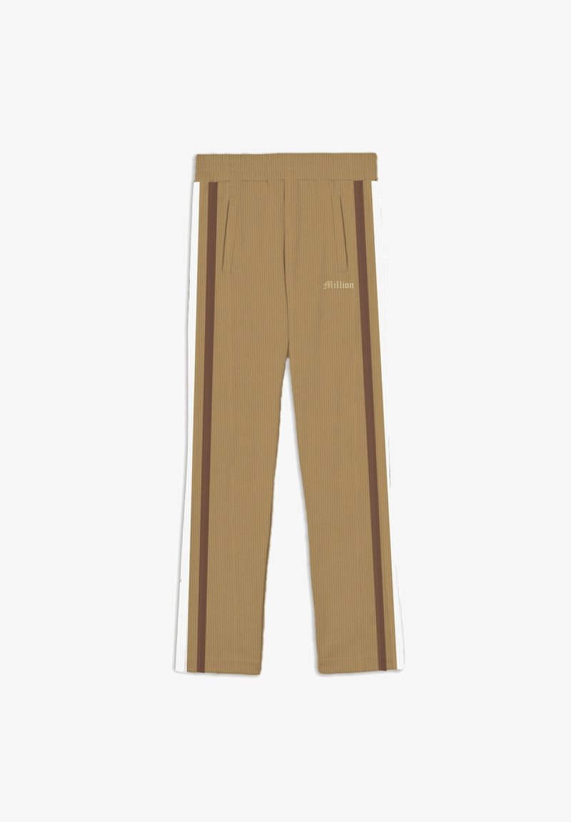 Hnědé žebrované kalhoty s dvěma svislými pruhy v tmavě hnědé a bílé barvě, boční kapsy a slovo "Million" vytištěné na nohavici.