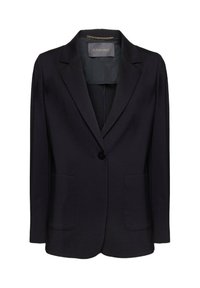 Blazer nero con una vestibilità su misura, chiusura a un bottone e due tasche frontali. Tessuto liscio con rever a chevron e dettagli interni sottili.