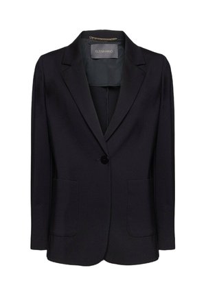 Zwarte blazer met een getailleerde pasvorm, enkele knoopsluiting en twee voorzakken. Glad materiaal met een geknoopte revers en subtiele interieurdetails.