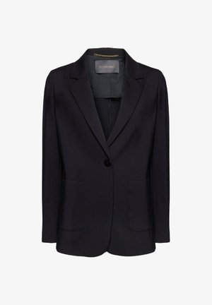 Blazer noir à coupe ajustée, fermeture à un bouton et deux poches avant. Tissu lisse avec un col cranté et des détails intérieurs subtils.