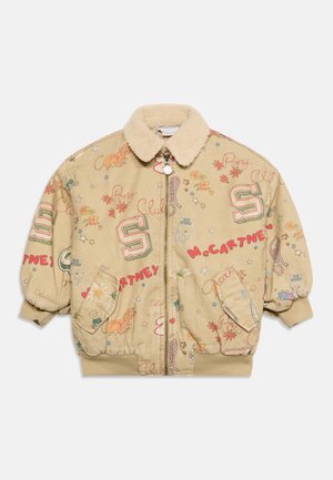 Veste beige à fermeture éclair avec col duveteux, décorée de dessins colorés, fleurs, étoiles, lions, "Pony Club," "McCartney," et grandes lettres "S".