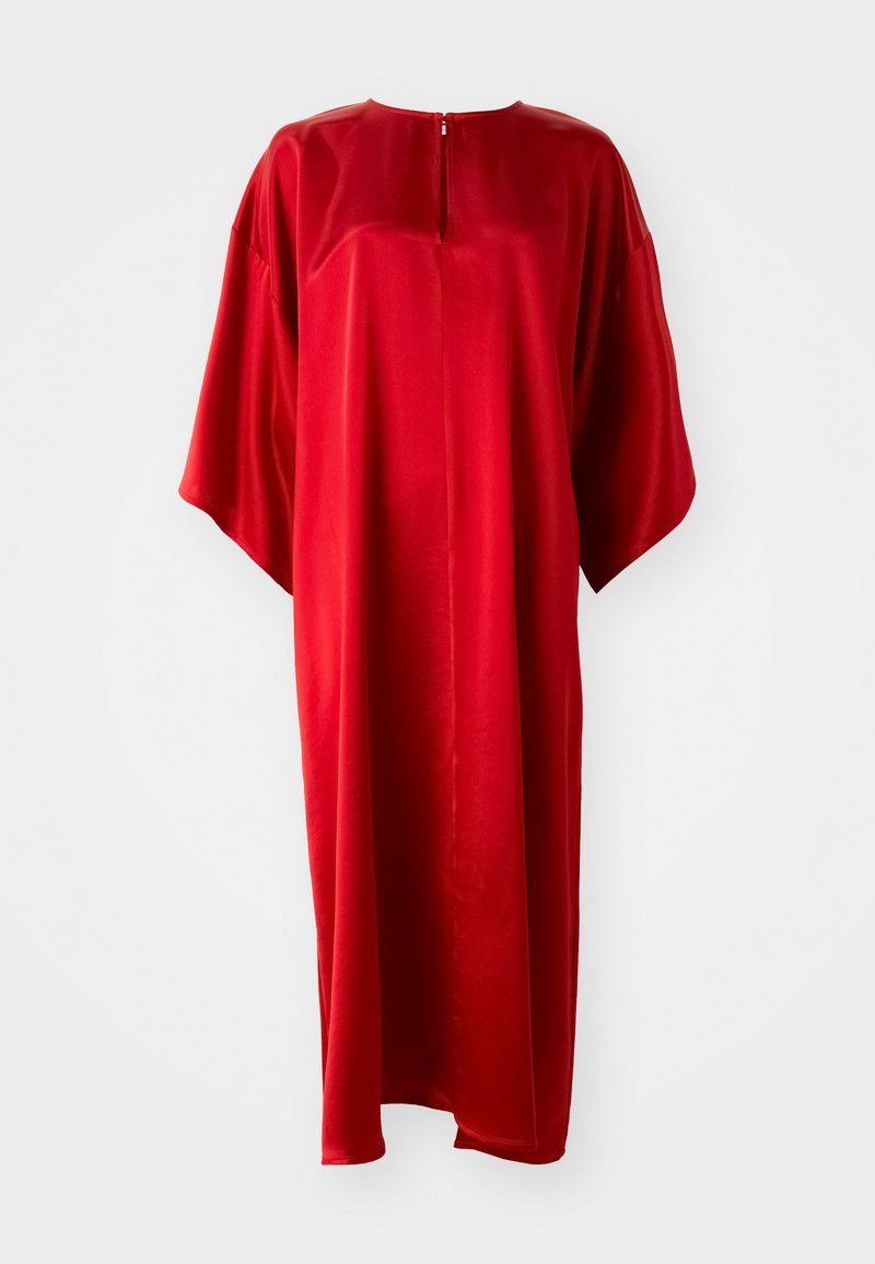 Rode kaftan jurk met een ronde halslijn en korte mouwen, gemaakt van gladde stof, met een verticale rits aan de achterkant en een losse pasvorm.