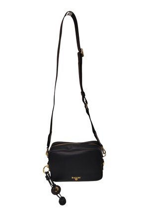 Borsa a tracolla rettangolare nera in pelle con tracolla regolabile, cerniera dorata e piccoli ciondoli rotondi decorativi appesi al lato.