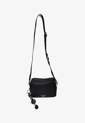 Borsa a tracolla rettangolare nera in pelle con tracolla regolabile, cerniera dorata e piccoli ciondoli rotondi decorativi appesi al lato.