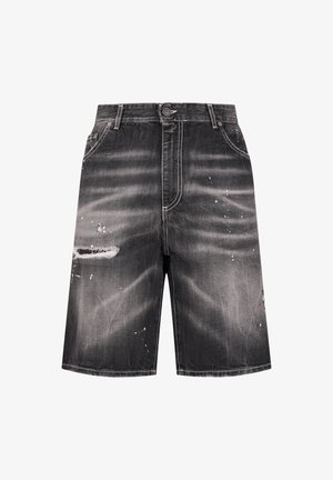 Zwarte denim shorts met een knoopsluiting, distressed details, verfspatten en een rafelige scheur op de linker dij.