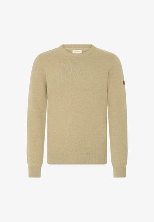 Beige knit sweater with a crew neckline, long sleeves, and ribbed cuffs. Features a small logo patch on the left sleeve. Soft texture.