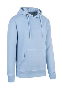 Helleblaue Kapuzenjacke aus weichem Stoff, mit einer großen Kängurutasche vorne, Kordelzugkapuze, gerippten Bündchen und gesticktem Logo auf der Brust.